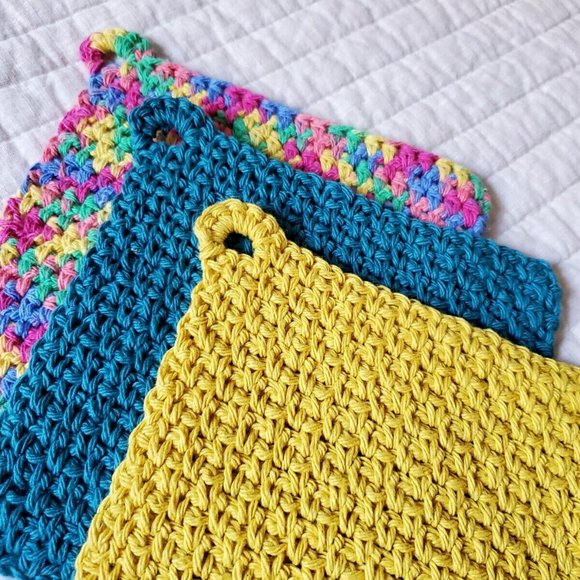 3 Crochet DISHCLOTH WASHCLOTH 100% Cotton Handmade Rainbow Teal Mustard - Picture 12 of 15